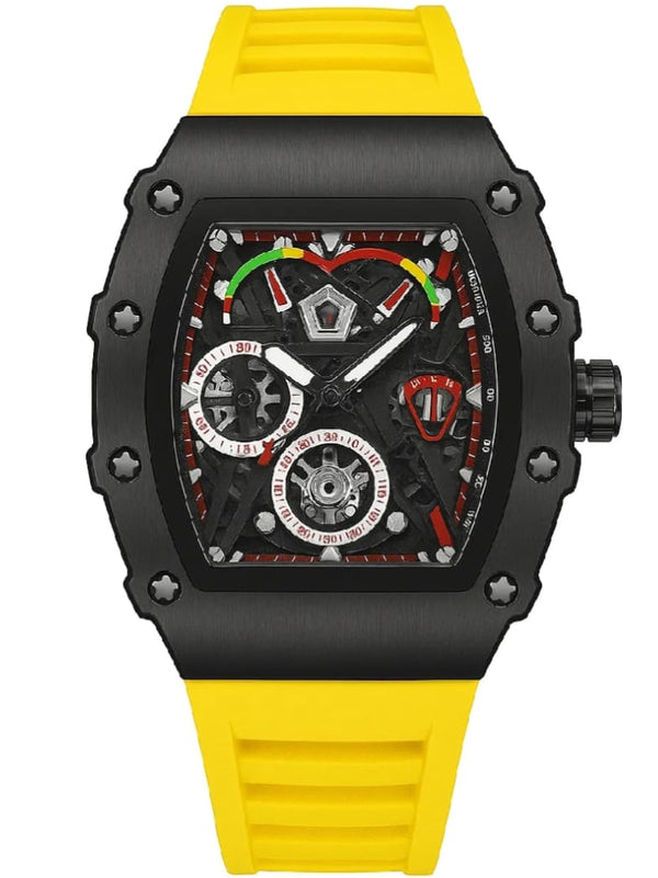 "Bold Chronograph Masterpiece: Skeleton-Faced Watch with Tachymeter & Dual Sub-Dials"