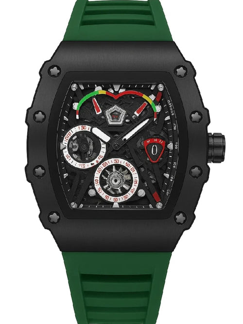 "Bold Chronograph Masterpiece: Skeleton-Faced Watch with Tachymeter & Dual Sub-Dials"